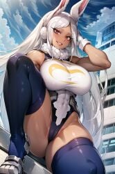 ai_generated big_breasts bunny_ears dark-skinned_female gloves leotard miruko my_hero_academia red_eyes republic_of_ai rumi_usagiyama smile spread_legs stable_diffusion thighhighs usagiyama_rumi white_hair