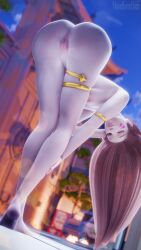 3d 3d_(artwork) barefoot cosplay d.va long_hair mona_(genshin_impact)_(cosplay) moonroomoom nipples nude overwatch vagina wink