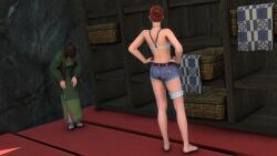 2girls 3d breast_press brown_hair denim_shorts female female_only final_fantasy final_fantasy_xiv glasses hairy_pussy large_breasts mole mole_under_eye mole_under_mouth muscular_female red_hair shorts small_breasts tagme w0lfie yuri