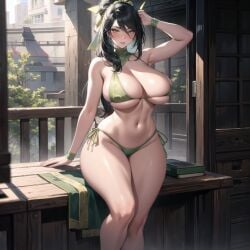 ai_generated akali big_ass big_breasts bikini blush cixf huge_breasts league_of_legends legs_together riot_games side_tie_bikini sitting smooth_skin thick_thighs