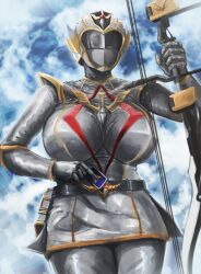 :( helmet heroine holding_object large_breasts no_sex original original_character outside skirt sky super_sentai thick_thighs this weapon wide_hips