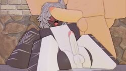 2boys 3d 3d_(artwork) big_penis cum cum_drip freckles gabbers gay glasses grey_body grey_hair penis_against_face roblox robloxian sea_(searr34) shark sitting tongue_out yaoi