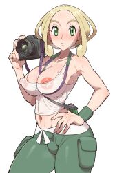 1girls bare_shoulders big_breasts blonde_eyebrows blonde_hair breasts camera cloud erect_nipples female_only green_eyes gym_leader navel nintendo nipples nipples_visible_through_clothing no_bra oleana_oli photographer pokemon pokemon_xy simple_background sweat thick_thighs thighs viola_(pokemon) white_background