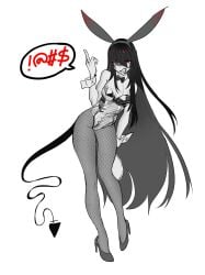 black_hair bunny_ears bunny_girl bunnysuit demon_girl demon_tail female graveweaver i'm_the_grim_reaper long_hair middle_finger playboy_bunny red_eyes scarlet_(i'm_the_grim_reaper) scars scars_on_chest stitches tail webcomic webcomic_character webtoon