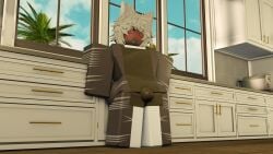 1boy 3d 3d_(artwork) apron apron_only bulge bulge_through_clothing gabbers glasses grey_body grey_hair kitchen kitchen_counter roblox robloxian sea_(searr34) seductive_look shark solo_male tagme two_tone_body