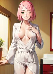 1girls ai_generated almost_naked barely_clothed bathrobe blush boruto:_naruto_next_generations dante_a.i. female female_only green_eyes long_hair mature mature_female milf mostly_nude nai_diffusion naruto naruto_(series) pink_hair pinup robe sakura_haruno smile solo stable_diffusion