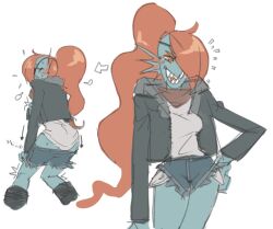 1girls 2015 anthro blue_background blue_skin clothed female female_anthro female_only fish fish_girl hair_over_one_eye long_hair marine monster monster_girl pants_down pony_tail pulling_pants_down red_hair solo solo_anthro solo_female undertale undertale_(series) undyne very_long_hair white_background zsky