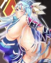 animated blue_eyes blue_hair censored dai_seisen!_valkyrie_saga from_behind from_behind_position large_breasts long_hair looking_at_viewer one_eye_closed pixelated