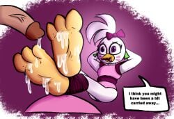 3_toes animatronic anthro avian baggy_(artist) beak bird blush bodily_fluids chicken clothing countershade_feet countershading crossed_legs cum cum_on_feet digital_media_(artwork) disembodied_penis duo ear_piercing feet female five_nights_at_freddy's five_nights_at_freddy's:_security_breach foot_fetish foot_play galliform gallus_(genus) genital_fluids genitals glamrock_chica_(fnaf) hi_res humanoid_genitalia humanoid_penis machine male male/female open_mouth paws penile penis phasianid piercing robot scottgames sex simple_background sitting smile soles solo_focus steel_wool_studios text toes