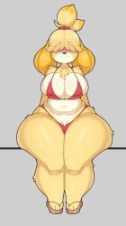 2022 absurd_res animal_crossing anthro big_breasts biped blonde_hair breasts canid canine canis cleavage clothed clothing curvy_figure digital_media_(artwork) domestic_dog female female_anthro front_view full-length_portrait fur hair hair_over_eyes hi_res huge_breasts huge_hips huge_thighs isabelle_(animal_crossing) mammal mehdrawings nintendo portrait shaded shih_tzu simple_background sitting solo swimsuit thick_thighs toy_dog voluptuous wide_hips yellow_body yellow_fur