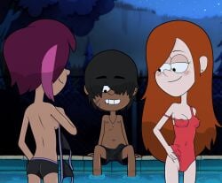 1boy 2girls accurate_art_style areola_slip auburn_hair bikini_top_removed brown_hair brown_skin covered_navel cowboy_shot dark-skinned_female dark-skinned_male disney disney_channel disney_xd ear_piercing earrings erection_under_clothes female freckles freckles_on_face gravity_falls grin hair_over_one_eye imminent_sex lifeguard_swimsuit long_hair looking_back male mop_goblin multiple_girls night oc one-piece_swimsuit outdoors outside pendant pool red_swimsuit short_hair sitting skinny_female small_ass small_breasts smile soaking_feet starry_sky straight_hair streaked_hair swim_trunks swimming_trunks swimsuit swimwear tambry teasing teotle_(oc) trees undressing wading water wendy_corduroy white_skin