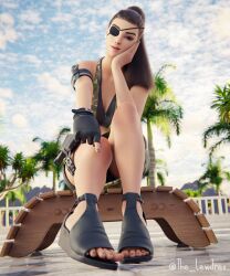 1girls 3d alternate_version_available beach bench blender bottomwear brown_hair camouflage cleavage clothed clothing cloud clouds doublecross epic_games eyepatch eyewear female female_focus female_only fortnite highres lewdrex light-skinned_female light_skin long_hair looking_at_viewer outdoors outside pointing presenting presenting_feet sand shoes sitting sky solo solo_focus tank_top topwear watermark