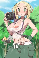 bare_shoulders big_breasts blonde_eyebrows blonde_hair breasts camera cloud green_eyes gym_leader insects navel ninjask nintendo nipples no_bra oleana_oli outside photographer pokemon pokemon_(species) pokemon_xy sky sweat thick_thighs thighs tree viola_(pokemon) white_vest wings