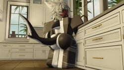 1boy 3d 3d_(artwork) ass_focus big_ass big_butt gabbers glasses grey_body grey_hair kitchen roblox robloxian sea_(searr34) shark shark_fin shark_tail solo_male tagme tongue_out two_tone_body