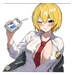 1girls badge blonde_hair breasts cleavage don_quixote_(limbus_company) drunk jacket lclca limbus_company milk project_moon shirt smile smiling solo solo_focus tie wardrobe_malfunction wink