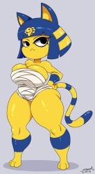 2018 animal_crossing ankha ankha_(animal_crossing) anthro ass belly big_butt biped blue_hair breasts curvy_figure digital_media_(artwork) domestic_cat egyptian felid feline felis female grey_background hair hi_res looking_at_viewer mammal mehdrawings nintendo noseless short_hair short_stack simple_background slightly_chubby solo thick_thighs uraeus voluptuous wide_hips wraps