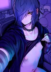 1boy 2n5 blue_hair blue_theme choker cute_male ear_piercing earrings elbow_gloves emo emo_boy femboy frown gloves goth goth_boy hair_over_one_eye iriya-kun jacket jewelry lifted_by_self looking_at_viewer male male_focus male_only messy_hair midriff navel necklace nipples original otoko_no_ko puffy_nipples selfie shirt_lift solo trap twink upper_body yellow_eyes