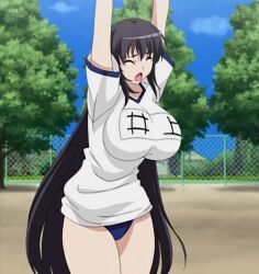 1girls black_hair breasts clothing hips huge_breasts japanese_text large_breasts long_hair morino_yuuko open_mouth screencap tentacle_and_witches thick_thighs thighs