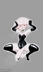 1boy 1femboy bell bell_collar big_glasses big_penis bunny_ears_(gesture) bunnysuit champaanimation champi_(oc) choker erection femboy glasses heart-shaped_pupils huge_cock hung_trap latex_gloves latex_suit latex_thighhighs lipstick_mark lipstick_on_balls long_gloves long_penis male male_only mushroom_humanoid nervous red_glasses smooth_penis solo thick tongue_out