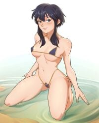 1girls absurdres bad_source beach bikini black_hair black_pubic_hair blush breasts commission commissioner_upload covered_nipples female female_only female_pubic_hair fire_emblem fire_emblem:_genealogy_of_the_holy_war gintsu highleg highleg_bikini highres larcei_(fire_emblem) looking_at_viewer micro_bikini navel nintendo partially_submerged pubic_hair pubic_hair_peek seiza short_hair sitting smile solo swimsuit tomboy water