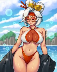 bikini bikini_bottom breasts child_bearing_hips cleavage closed_eyes curvy female glasses gravey_draws hourglass_figure large_breasts mommy purah purah_(tears_of_the_kingdom) round_glasses tears_of_the_kingdom the_legend_of_zelda wide_hips