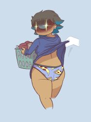 1female 1girls ass assisted_exposure back basket blueregardtwo blush_lines chubby_female clothes clothing dat_ass dyed_hair female laundry laundry_basket panties parker_(blueregardtwo) print_panties starry_eyes