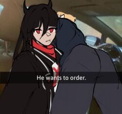 ass big_ass big_butt black_hair car chase_(i'm_the_grim_reaper) color edit edited english_text female he_wants_to_order humor i'm_the_grim_reaper long_hair male meme no_sex red_eyes scarlet_(i'm_the_grim_reaper) she_wants_to_order spicylilrat text webcomic webcomic_character webtoon