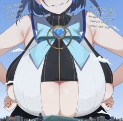 1girls anybrody breast_squish cleavage earrings eyes_out_of_frame female_only giantess gigantic_breasts hololive hololive_english hololive_english_-council- macro ouro_kronii sideboob size_difference smug_grin teasing text third-party_edit virtual_youtuber