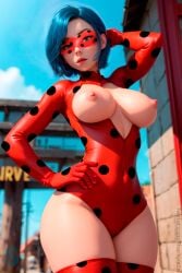 ai_generated asian_female blue_hair bodysuit curvaceous curvy_body curvy_female curvy_figure disney disney_channel exposed_breasts eyemask hand_on_hip hands_behind_head ladybug_(character) ladybug_(cosplay) marinette_cheng marinette_dupain-cheng mask miraculous_ladybug partially_clothed red_clothing sharkym3n showing_breasts superheroine thick_ass thick_thighs thighhighs