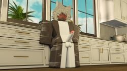 1boy 3d 3d_(artwork) apron apron_only big_penis femboy gabbers glasses grey_body grey_hair kitchen kitchen_counter precum precum_drip roblox robloxian sea_(searr34) seductive_look shark tagme two_tone_body