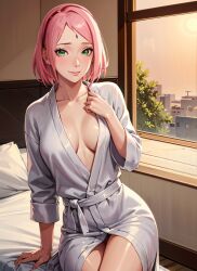 1girls ai_generated almost_naked barely_clothed bathrobe blush boruto:_naruto_next_generations dante_a.i. female female_only green_eyes long_hair mature mature_female milf mostly_nude nai_diffusion naruto naruto_(series) pink_hair pinup robe sakura_haruno smile solo stable_diffusion