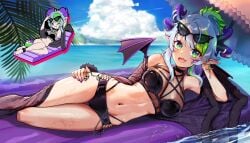 1girls :3 ahoge arm_support armpit_crease bare_shoulders beach bikini black_bikini blue_hair blurry_background breasts chains chibi chibi_inset choker cloak cloud cloudy_sky cross-laced_bikini cross-laced_clothes day demon_girl demon_wings earrings eyewear_on_head facial_mark feet_out_of_frame female female_only foxy_rain_(foxyreine) foxyrain_(foxyreine) foxyreine froot gradient_hair green_eyes halterneck hand_on_own_thigh highleg horn horn_piercing horns inflatable_raft jewelry linea_alba looking_at_viewer lying medium_breasts mini_wings multi_horn multicolored_hair nail_polish navel ocean oerba_yun_fang on_side open_mouth palm_leaf parasol pointy_ears purple_horns purple_nails see-through shiny_clothes short_hair short_hair_with_long_locks sidelocks skin_fang skindentation skull_ornament sky smile smiling smiling_at_viewer streaked_hair sunglasses swimsuit thigh_gap umbrella virtual_youtuber vshojo wet wings