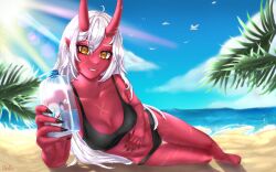 akumi female oni oni_horns red_skin scars virtual_youtuber vyugen white_hair yellow_eyes
