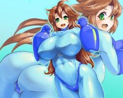 1girls ass big_ass big_breasts blush bodysuit brown_hair female huge_breasts kiyukisuke large_ass large_breasts long_hair mega_man mega_man(classic) mega_man_(character) roco_(sulfer-kokegitsune) smile solo tagme thong