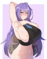 1girls armpit arms_up belly_button blush female female_only hololive hololive_indonesia hololive_indonesia_area_15 large_breasts light-skinned_female light_skin looking_at_viewer moona_hoshinova myumi nose_blush purple_eyes purple_hair solo virtual_youtuber