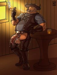 anthro balls bear beard big_balls big_penis bodily_fluids boots brown_body brown_fur chaps cigar clothing cowboy_hat crotchless_clothing facial_hair footwear foreskin fur genital_fluids genitals glass gloves half-erect handwear hat headgear headwear hi_res kirlanlion leaking_precum leaning_on_table leather leather_boots leather_chaps leather_clothing leather_footwear leather_gloves leather_handwear leather_strap leather_topwear leather_vest looking_at_viewer male male_only mammal moustache musclegut muscular muscular_anthro muscular_male musk_clouds musky_cock penis precum pubes shirt smoke_from_mouth smoking smoking_cigar solo t-shirt topwear vest westhoff yellow_eyes