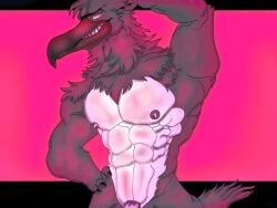 abs anthro avian beak bird black_border blue_eyes border claws corvid corvus_(genus) eyebrows feathers fluffy genitals hand_on_hip hi_res male muscular nipples nude oscine passerine penis pink_light pinup pose raven seductive shaded smile smirk solo tail tail_feathers teeth xcoreus