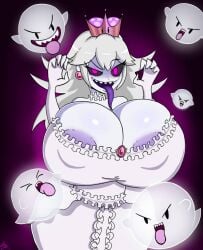 big_breasts black_sclera boo_(mario) boosette breasts_bigger_than_head cleavage gloves long_tongue lordoozy luigi's_mansion mario_(series) new_super_mario_bros._u_deluxe nintendo nipples_visible_through_clothing no_bra pink_eyes sharp_teeth super_crown visible_areolae white_gloves white_hair white_skin