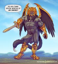 bara barazoku big_pecs big_penis black_hair black_nipples black_wings bushy_tail claws concoction_(artist) fangs fangs_male fangs_out feline feline_humanoid feline_traits glans goldar golden_armor golden_claws golden_helmet gray_body gray_fur gray_glans gray_hair grey_body grey_fur grey_glans grey_skin helmet humanoid humanoid_feet humanoid_genitalia humanoid_hands humanoid_penis incomplete_armor luminous_eyes male male_only mighty_morphin_power_rangers monster muscle muscle_man muscle_monster muscles muscular muscular_anthro muscular_arms muscular_legs muscular_male muscular_thighs nipples patreon patreon_logo patreon_username pecs penis power_rangers red_eyes solo_male sword tail undefined_background wings