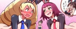 akane_hoshikawa blonde_hair blush blushing bunnysuit closed_eyes crossdressing geo_stelar green_eyes hibiki_misora hope_stelar luna_platz mega_man mega_man_star_force milf noburockman open_mouth pink_hair reverse_bunnysuit shirogane_luna sonia_strumm subaru_hoshikawa sweatdrop tears yellow_eyes