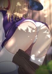 1boy absurdres ass blonde_hair blurry blurry_background blurry_foreground blush brown_footwear brown_headwear censored darumoon fellatio female hair_ribbon hat highres long_sleeves moriya_suwako mosaic_censoring oral outdoors paid_reward_available panties penis purple_skirt purple_vest red_ribbon ribbon short_hair sidelocks skirt skirt_set solo_focus squatting straight suwako_moriya sweat thighhighs touhou underwear vest white_panties white_sleeves white_thighhighs