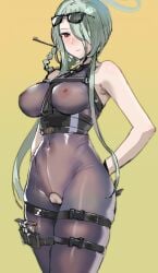 arms_behind_back bare_shoulders belt blue_archive bow_(bhp) braid breasts closed_mouth commentary_request covered_navel covered_nipples eyewear_on_head female genryumon_(blue_archive) green_hair green_halo hair_over_one_eye halo large_breasts long_hair looking_down mina_(blue_archive) nipples red_eyes see-through shanhaijing_secondary_school_student solo sunglasses thigh_belt thigh_strap