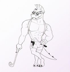 1boy 2022 abs adiamantberyl anthro athletic athletic_male belt boner claws crocodile crocodilian crocodylid digital_drawing_(artwork) digital_media_(artwork) erect_penis erection fangs fangs_out finger_claws fingerless_gloves five_nights_at_freddy's furry furry_male furry_only glans gloves holding_golf_club holding_object long_tail looking_at_viewer male male_only mohawk_(hairstyle) monochrome montgomery_gator_(fnaf) muscles muscular_male no_color partially_clothed partially_clothed_male pecs penis penis_out penis_out_of_underwear simple_background smile smiling smooth_penis solo solo_anthro solo_in_panel spiked_tail star_glasses sunglasses underwear