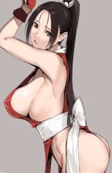 arm_guards armpits arms_up ass bangs bare_hips bare_shoulders bondage bound_wrists breasts brown_eyes brown_hair fatal_fury female grey_background high_ponytail high_resolution king_of_fighters large_breasts long_hair looking_at_viewer mai_shiranui ninja no_bra obi parted_bangs pelvic_curtain ponytail restrained revealing_clothes rope sash sideboob sidelocks simple_background solo tied_hair very_high_resolution wafuku yamaishi yamaishi108 yamaishi_(mukoubuti)