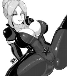 1girls beauty_mark big_breasts black_and_white blonde_hair breasts clothed clothing destroy_all_humans! destroy_all_humans!_2 destroy_all_humans!_2_reprobed female female_only kgb mascara natalya_ivanova nudiedoodles sitting solo solo_female thick_thighs thighs