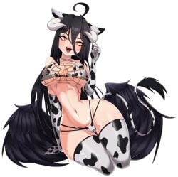 1girls albedo_(overlord) big_breasts black_hair cow_print cow_print_thighhighs demon_girl female large_breasts long_hair miyako.noh miyako_noh overlord_(maruyama) solo succubus thighhighs tiny_waist wings