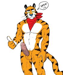 anthro balls bandanna_on_neck big_penis countershade_torso countershading dat_del_luna felid frosted_flakes genitals gesture hi_res kellogg's male male_only mammal mascot muscular muscular_anthro nude pantherine penis simple_background smile solo speech_bubble stripes thumbs_up tiger tony_the_tiger vein white_background