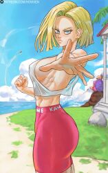 1boy 1girls 2023 abs android_18 attack attacking_viewer blonde_hair blue_eyes butt character_in_background detailed_background dragon_ball dragon_ball_fighterz dragon_ball_super dragon_ball_z female female_only howxen incoming_attack light_blush looking_at_viewer master_roshi medium_breasts medium_hair milf muscular_female muten_roushi outdoors sideboob sidelocks sports_bra sportswear tomboy