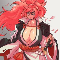 1girls angry baiken breasts cleavage eyepatch face_paint female guilty_gear guilty_gear_strive katana kimono large_breasts loggus_doggus long_hair messy messy_hair missing_arm pink_hair ponytail samurai scar scar_across_eye sword
