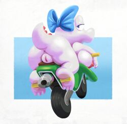 2023 3_toes accessory anthro ass big_breasts big_butt big_nipples birdo black_pupils blue_background blue_eyes border bow_ribbon breasts diamond_ring feet female genitals hair_accessory hair_ribbon hairbow half-closed_eyes hi_res looking_at_viewer looking_back lying mario_(series) mario_kart motorcycle narrowed_eyes nintendo nipples on_front onihidden pink_body pink_scales pupils pussy raised_tail rear_view red_body red_nipples red_pussy red_scales ribbons ring scales scalie simple_background solo tail thick_thighs toes vehicle white_border